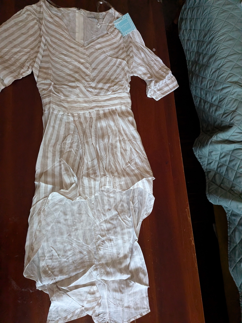 Striped V-Neck High-Low Dress in Light Beige